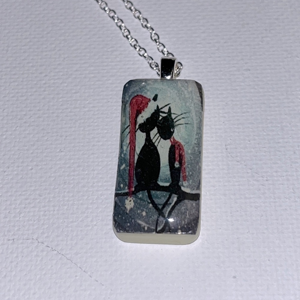 VINTAGE Christmas Cats Necklace Vintage Upcycled Domino Kitschy